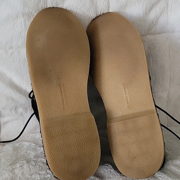 Zara Flat Leather Ankle Boots cow Furskin Size 41 Poited Toes Lace-up - Picture 7 of 10